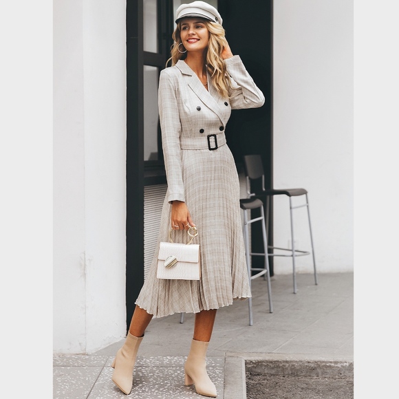 Rouge! Dresses & Skirts - Plaid Beige Pleated Double Breasted Midi Dress